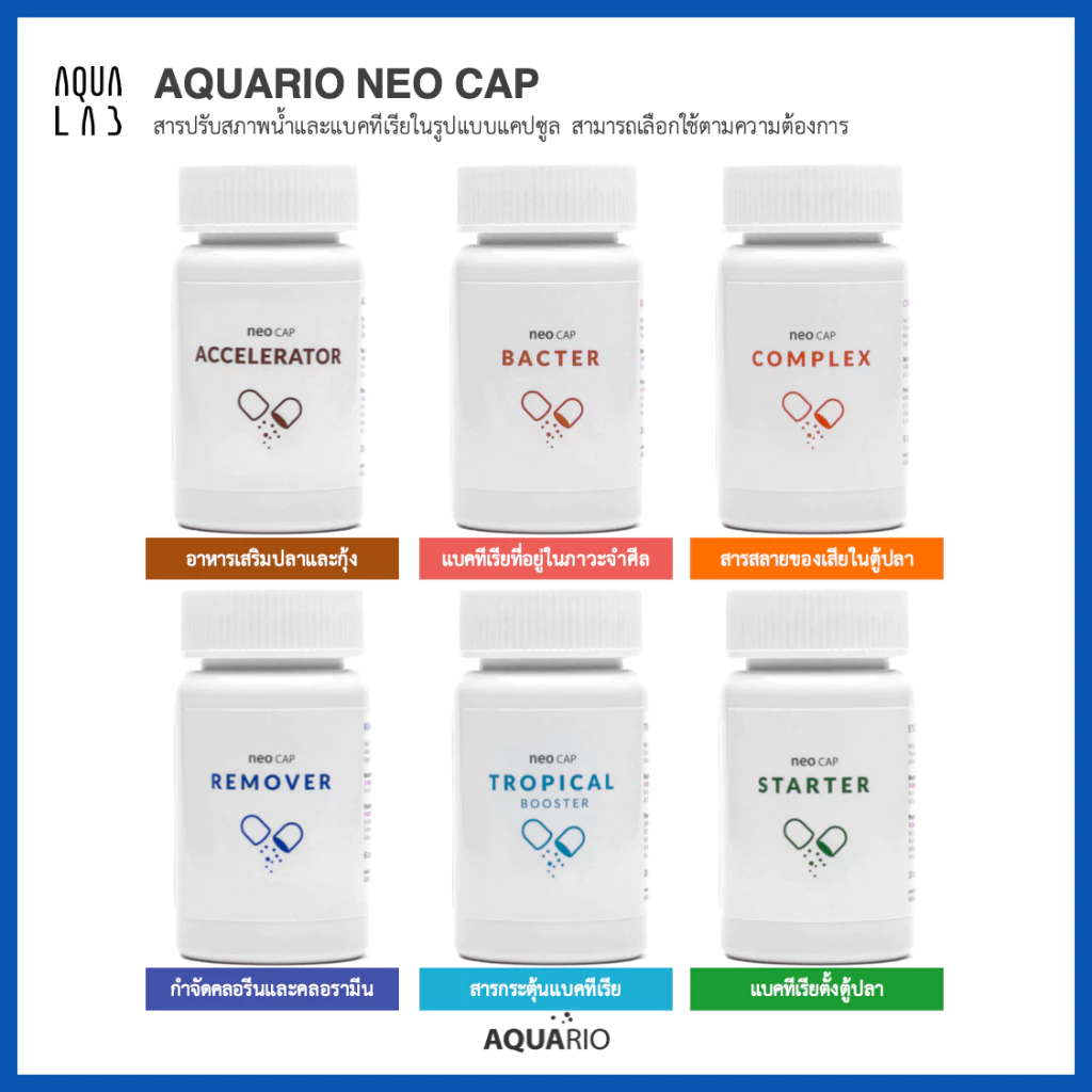 Aquario Neo Cap สารปรับสภาพน้ำและแบคทีเรียในรูปแบบแคปซูล สามารถเลือกใช้ตามความต้องการ